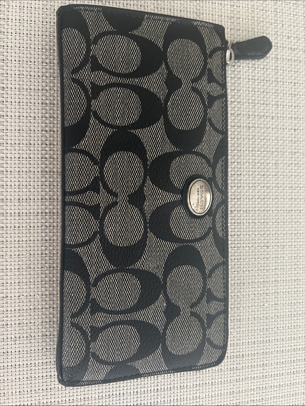 Coach Black and Taupe Signature Zip Wallet